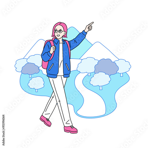 大自然の中を指差しながら歩く女性のイラスト　運動家