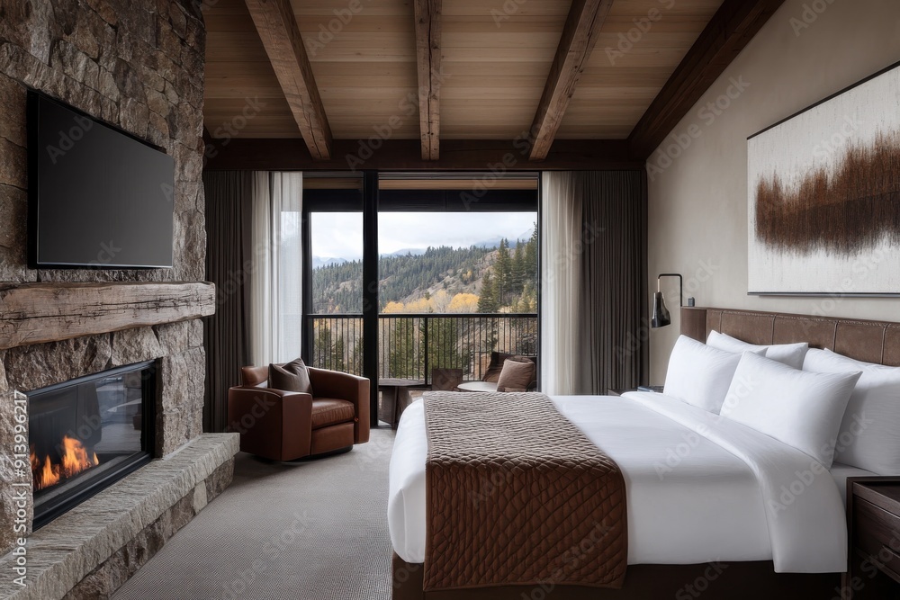 A modern bedroom featuring a large bed, a stone fireplace, and expansive windows offering a breathtaking view of the mountains. The room blends rustic and contemporary design. A modern bedroom featuring a large bed, a stone fireplace, and expansive windows offering a breathtaking view of the mountains. The room blends rustic and contemporary design.