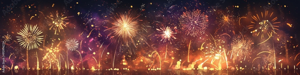 Obraz premium Festive Fireworks Fantasy: 4K Wallpaper with Abstract Patterns for New Year 2025, 2026, 2027 Celebrations. Dazzling Holiday Background with Snowflake Textures and Copy Space. Perfect for Winter Events