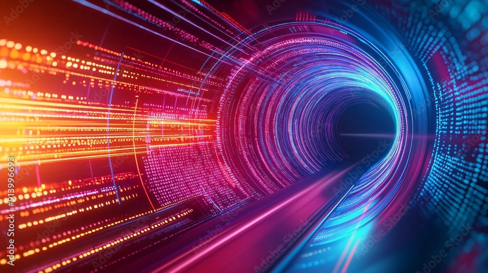 Obraz premium A vibrant digital tunnel with colorful light trails, representing speed and technology in a futuristic setting.
