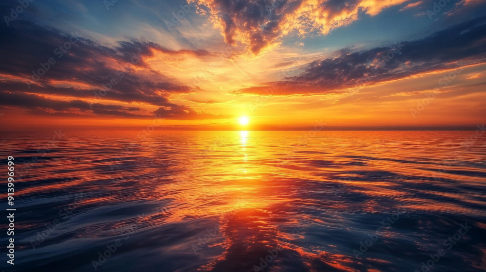 The setting sun casts a golden glow on the ocean. Its reflection dances on the water like a thousand glittering diamonds. The sky is ablaze with vibrant clouds, painting a majestic tableau.
