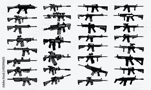 US Army Weapons, Guns Different Shapes Silhouette Set, Vector Illustration With Hand Drawn Lettering.