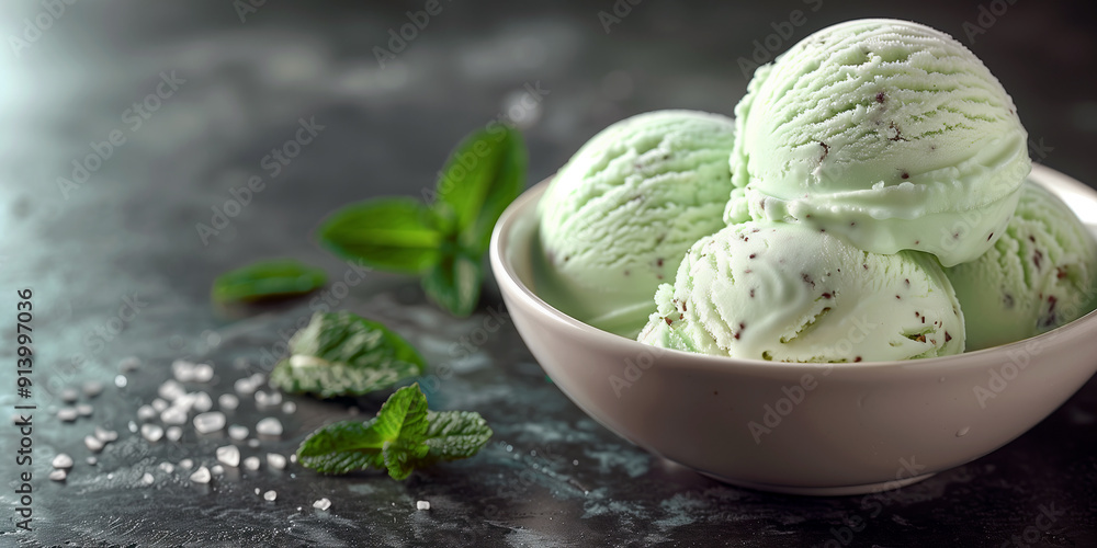 Mint ice cream float served in a ceramic bowl on gray textured background with copy space. Mint ice cream float served in a ceramic bowl on gray textured background with copy space.