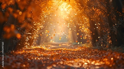 Mystical Autumn Forest Path with Warm Glowing Light and Falling Golden Leaves