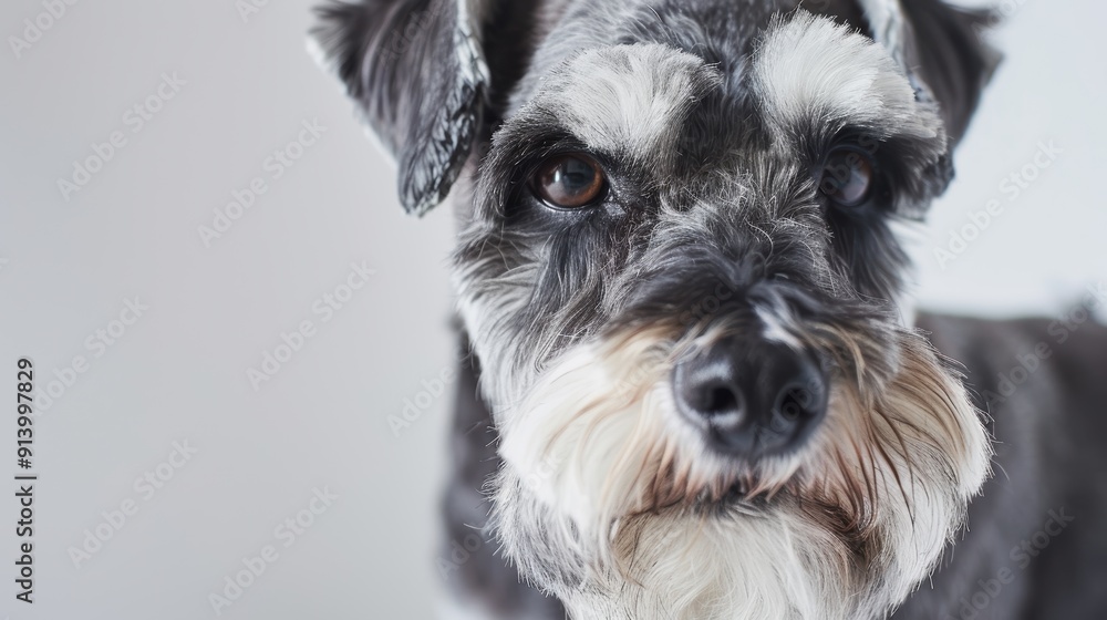 Curious miniature schnauzer with black and silver fur tilts head in interest Curious miniature schnauzer with black and silver fur tilts head in interest