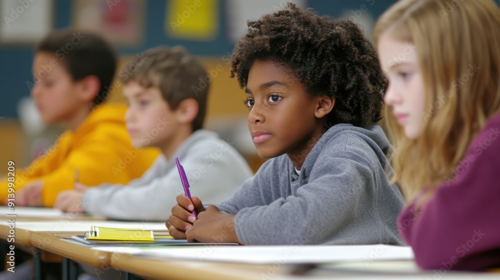A small group of students sitting at desks in a quiet classroom, intently working on their homework assignments, their faces focused and determined, as they strive to understand and complete their A small group of students sitting at desks in a quiet classroom, intently working on their homework assignments, their faces focused and determined, as they strive to understand and complete their