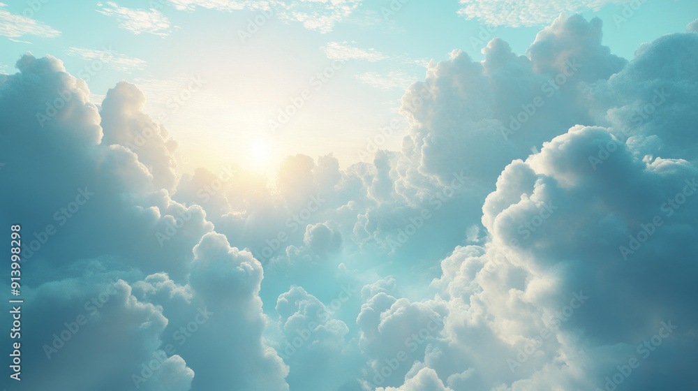 The sky is blue with clouds. The sun is rising and shining through the clouds. The sky is blue with clouds. The sun is rising and shining through the clouds.
