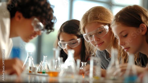 A group of high school students working on a science experiment in a well-equipped lab, their faces filled with concentration and curiosity, as they carefully measure and mix chemicals, with a