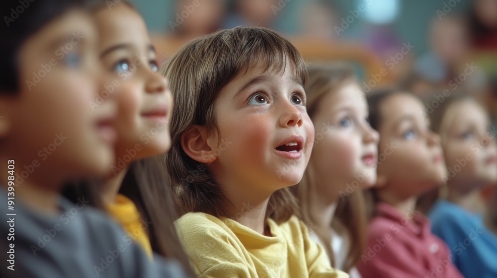 Elementary school students participating in a storytelling session, their faces filled with wonder and imagination, as they listen to a teacher narrate an engaging story, fostering a love of reading Elementary school students participating in a storytelling session, their faces filled with wonder and imagination, as they listen to a teacher narrate an engaging story, fostering a love of reading