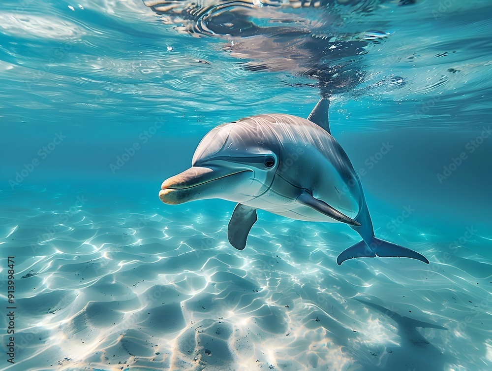 Fototapeta premium Graceful Dolphin Swimming Underwater in Clear Blue Ocean with Copy Space