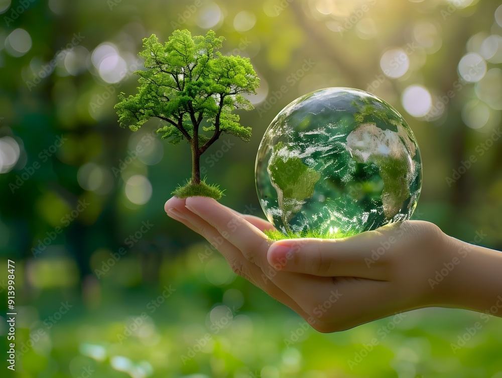 Lifelike Tree Growing in Glass Globe Sphere Held in Human Hand Environmental Conservation Concept Lifelike Tree Growing in Glass Globe Sphere Held in Human Hand Environmental Conservation Concept