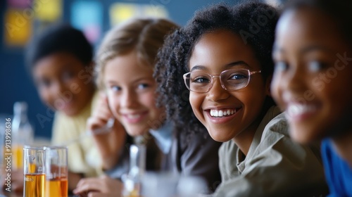 Middle school students eagerly participating in a science experiment in a bright and engaging classroom, their faces lit up with curiosity and excitement as they observe chemical reactions, with a