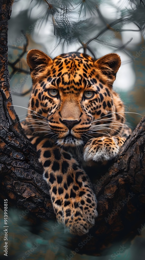 Obraz premium Majestic Leopard Resting on Tree Branch with Intense Gaze and Detailed Spots Wildlife Concept with Copy Space