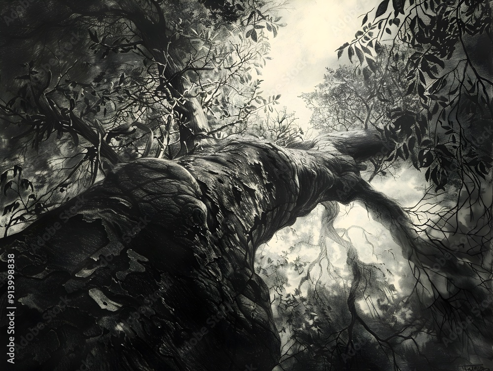 Twisted and Hollow Ancient Tree with Verdant Canopy in Charcoal Sketch Texture Twisted and Hollow Ancient Tree with Verdant Canopy in Charcoal Sketch Texture