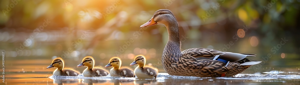 Playful Ducklings Following Their Mother in Serene Pond Backdrop Playful Ducklings Following Their Mother in Serene Pond Backdrop