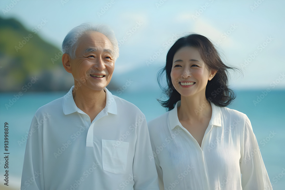 A joyful senior couple walks along the beach, enjoying each other's company and the serene coastal view. A joyful senior couple walks along the beach, enjoying each other's company and the serene coastal view.