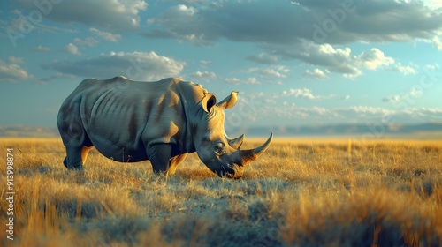 Majestic Rhinoceros Grazing on the Savanna Powerful and Serene Wildlife Concept