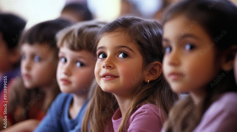 Elementary school students participating in a storytelling session, their faces filled with wonder and imagination, as they listen to a teacher narrate an engaging story, fostering a love of reading Elementary school students participating in a storytelling session, their faces filled with wonder and imagination, as they listen to a teacher narrate an engaging story, fostering a love of reading