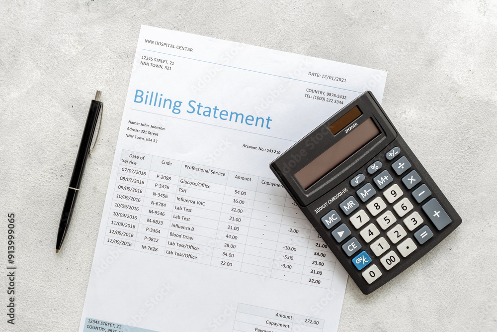 Medical health care billing statement in hospital, top view Medical health care billing statement in hospital, top view