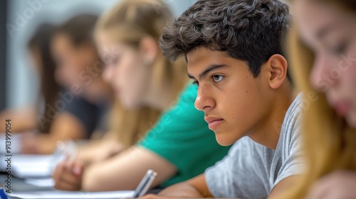 A small group of students sitting in a quiet classroom, intently working on their homework assignments, their faces focused and determined, as they strive to understand and complete their tasks,