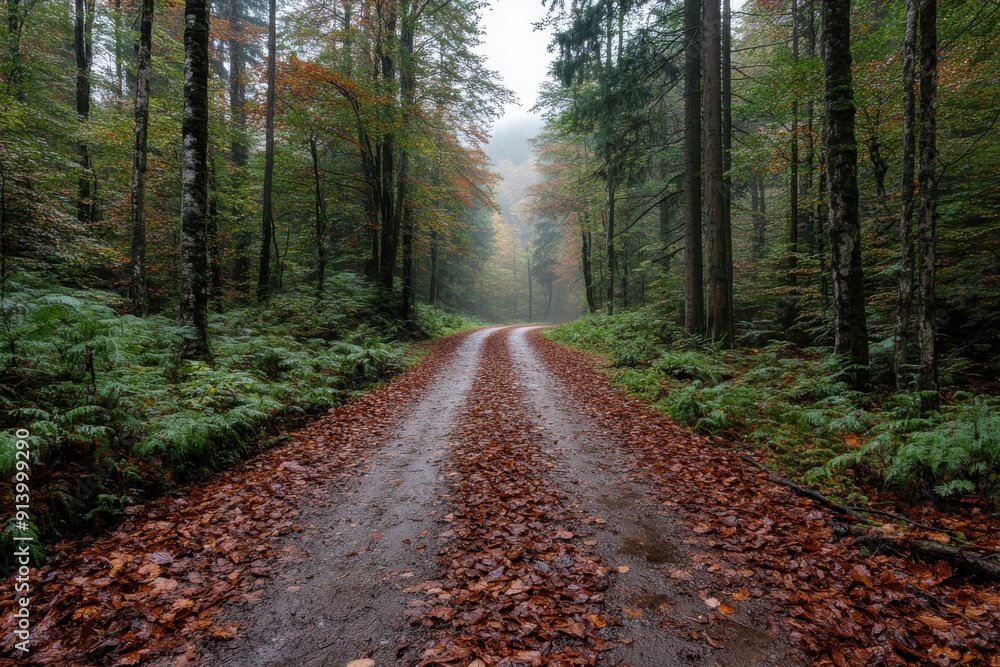 Fototapeta premium A serene forest path, carpeted with autumn leaves, leads into a misty background, capturing the essence of a peaceful autumn day in nature.