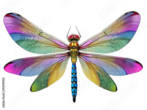 Colorful dragonfly with delicate wings, isolated on transparent background