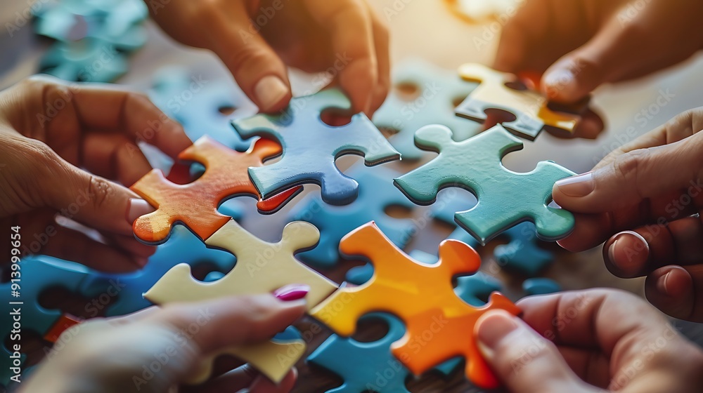 A detailed image of diverse hands fitting puzzle pieces together, representing teamwork, shot from an aerial view, with the background slightly blurred to focus on the action, A detailed image of diverse hands fitting puzzle pieces together, representing teamwork, shot from an aerial view, with the background slightly blurred to focus on the action,