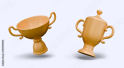 Set of realistic metal cups in floating position. Vector templates for concepts of victory