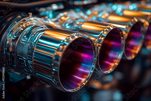 Close-up of high-performance exhaust tips showcasing a shiny, metallic finish with vibrant color reflections.