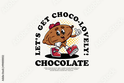 Cocoa Bean Vector Icon Illustration. Cocoa or Cacao Pods Retro Logo Mascot Cartoon Character with Walking Pose and Thumbs Up Hand  Suitable for Web Landing Page, Banner, Flyer, Sticker, Card