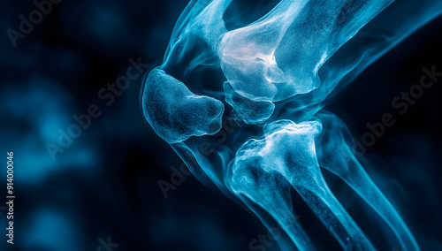 Detailed x-ray image of a human knee joint showcasing bone structure and ligaments in a translucent blue hue.