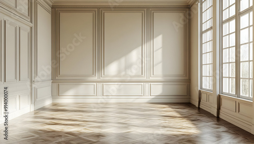 Elegant empty interior room with natural light, wooden floor, and decorative wall panels, ideal for design inspiration and photography.