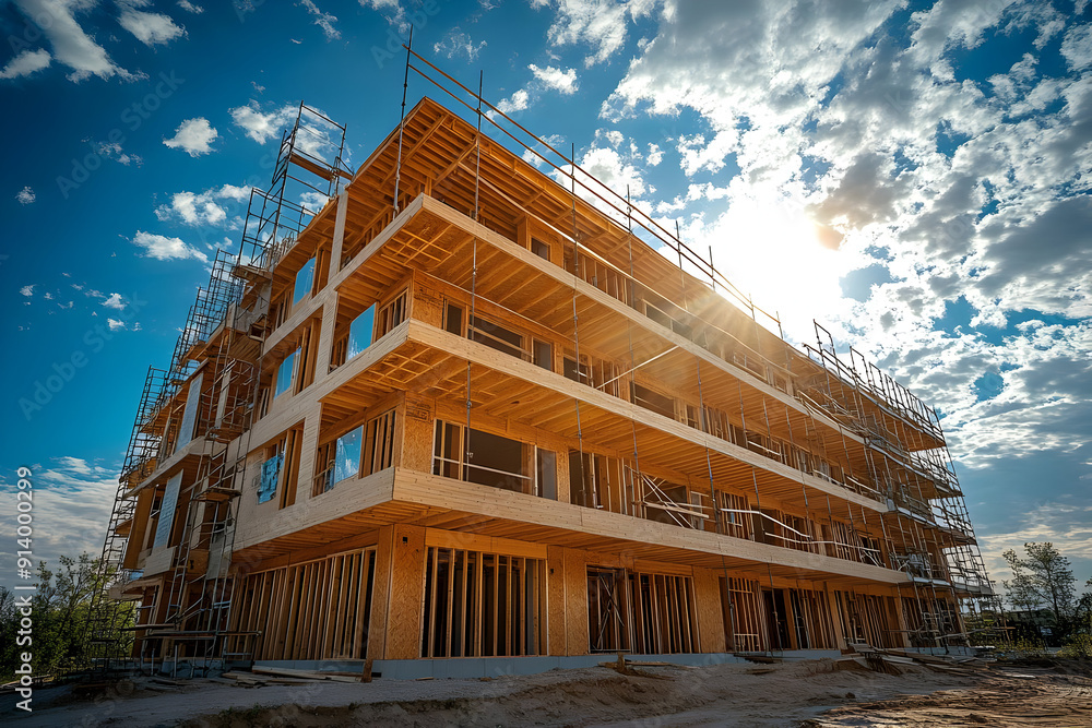Modern construction site of a wooden building under a bright sky, showcasing architecture and development in urban environments. Modern construction site of a wooden building under a bright sky, showcasing architecture and development in urban environments.