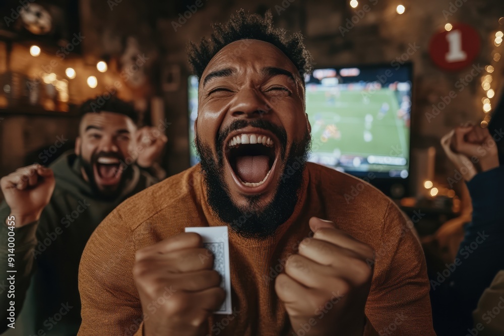 A group of enthusiastic sports fans are shown celebrating joyfully while watching a live game on television, displaying excitement and unity in a cozy, festive environment. A group of enthusiastic sports fans are shown celebrating joyfully while watching a live game on television, displaying excitement and unity in a cozy, festive environment.