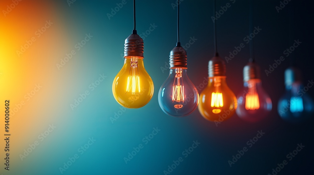 A background with light bulb in different colors hanging from the top. A background with light bulb in different colors hanging from the top.