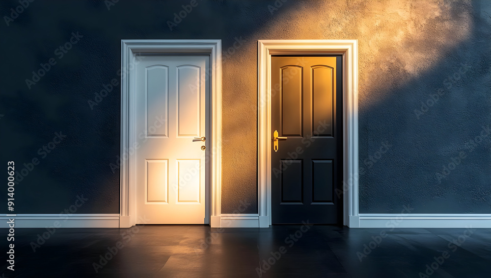 Two contrasting doors in a dimly lit room, symbolizing choices and possibilities in life. Two contrasting doors in a dimly lit room, symbolizing choices and possibilities in life.