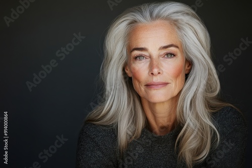 Close-up portrait of a confident mature woman with long gray hair, exuding grace and strength, against a dark backdrop, highlighting her natural beauty and wisdom.