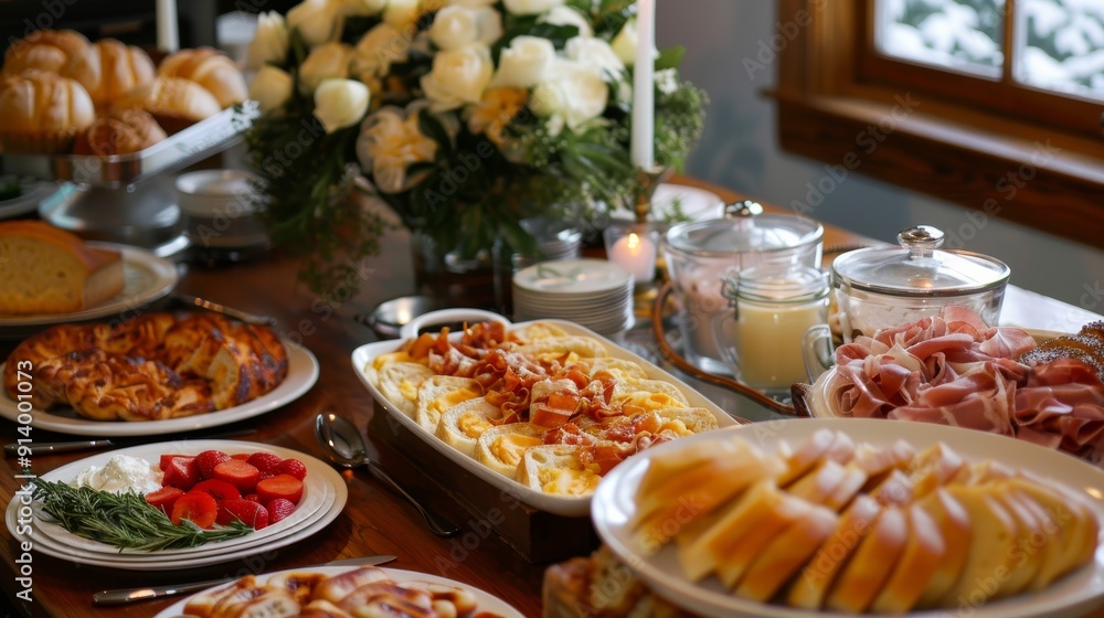 A beautifully arranged dining table featuring various delicious dishes, perfect for celebrations or gatherings with family and friends. A beautifully arranged dining table featuring various delicious dishes, perfect for celebrations or gatherings with family and friends.