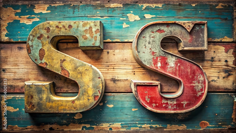 Faded, worn, and torn, the distressed state typography of the letter S ...