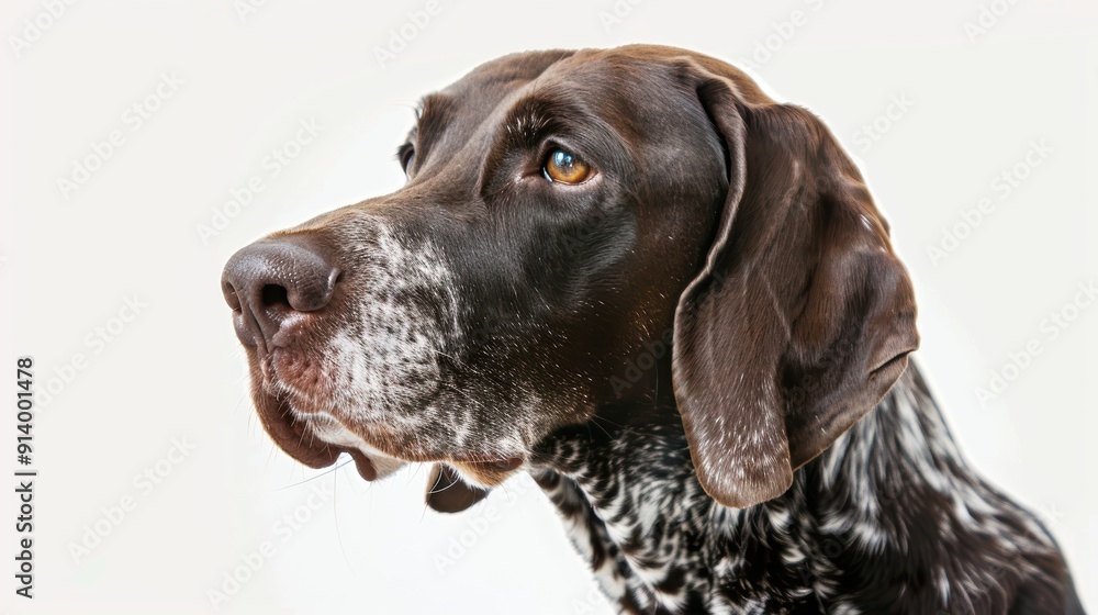 Attentive german shorthaired pointer dog poses against a white backdrop, showcasing its beauty Attentive german shorthaired pointer dog poses against a white backdrop, showcasing its beauty