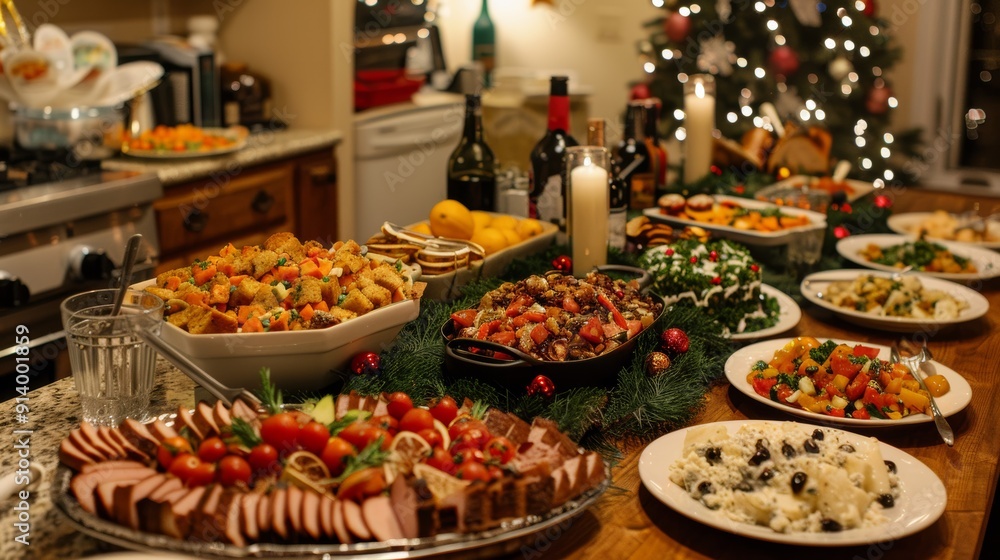 A festive table filled with a variety of delicious dishes, perfect for holiday gatherings and celebratory meals. A festive table filled with a variety of delicious dishes, perfect for holiday gatherings and celebratory meals.