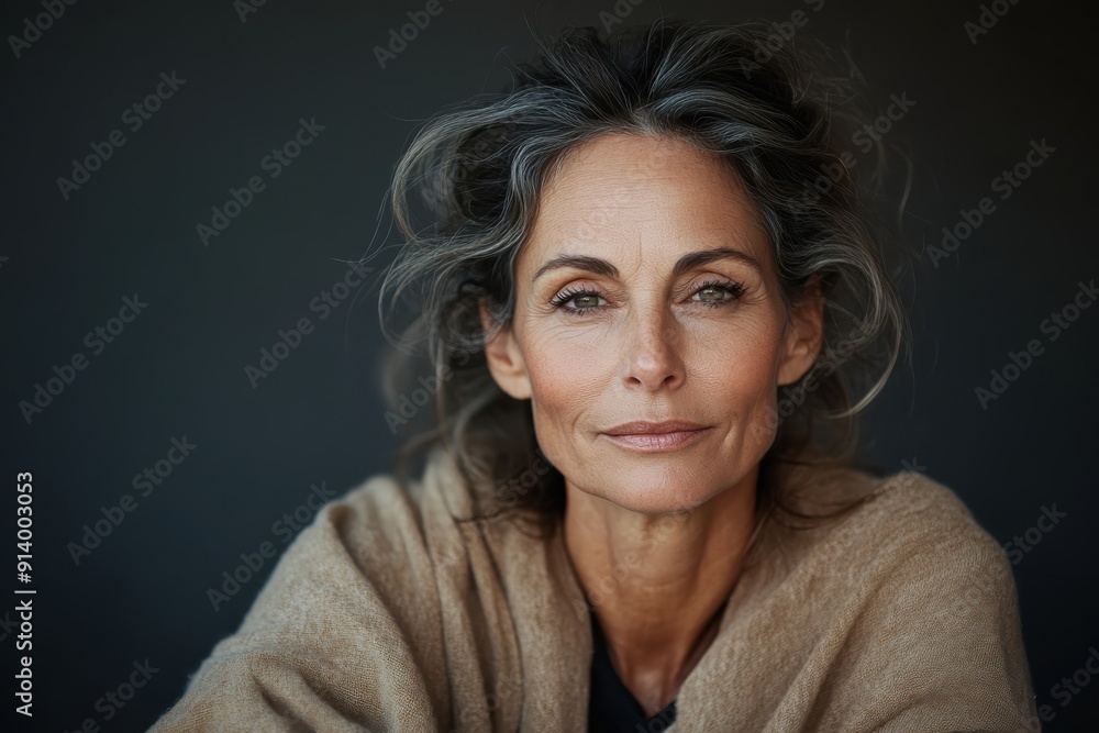 A striking portrait features an elegant grey-haired woman with a contemplative expression, beautifully composed to capture the softness of her features against a dark backdrop. A striking portrait features an elegant grey-haired woman with a contemplative expression, beautifully composed to capture the softness of her features against a dark backdrop.