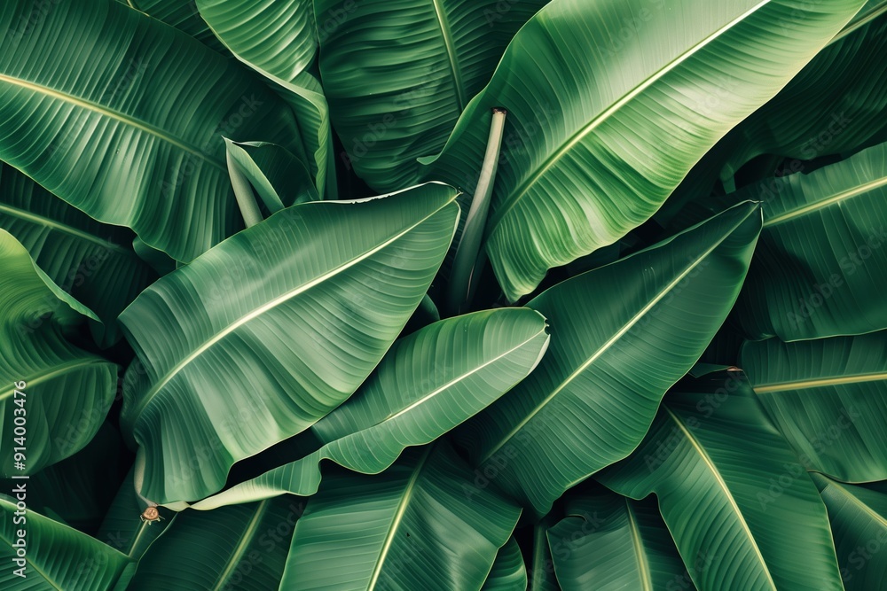Obraz premium Vibrant arrangement of large green banana leaves in a tropical setting during daylight hours