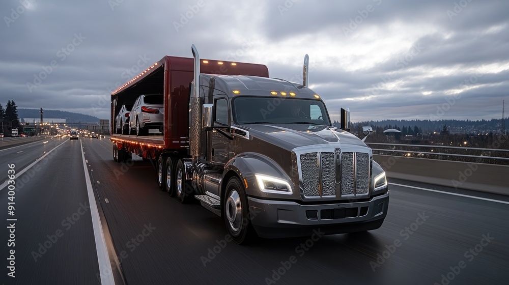 Large Truck Transporting Vehicles on a Highway at Dusk in Oregon Large Truck Transporting Vehicles on a Highway at Dusk in Oregon
