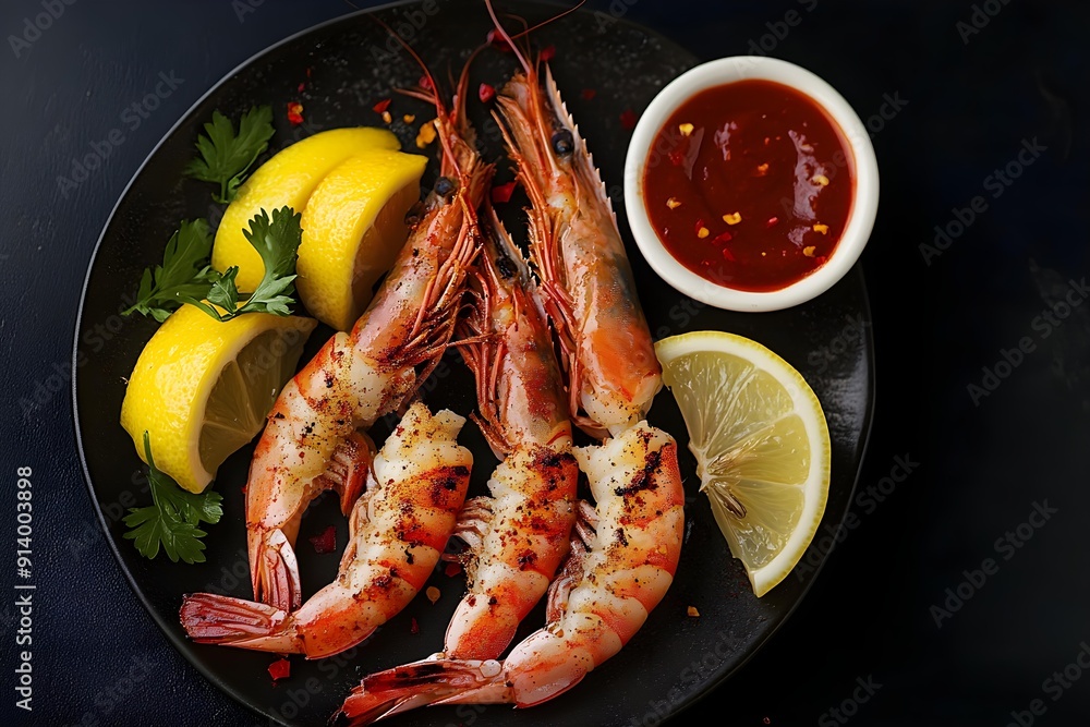 Grilled shrimps with lemon, paprika and sauce on dark background. Grilled shrimps with lemon, paprika and sauce on dark background.