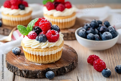 Sweet desserts with fresh berries on wooden background.