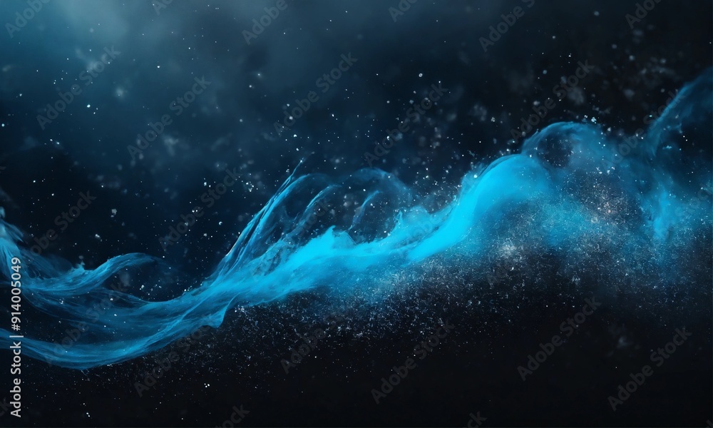 Fototapeta premium Glitter Mist and Paint Splash: Blue, Silver, and Gray Gradient Veil with Shiny Vapor on Black Abstract Background