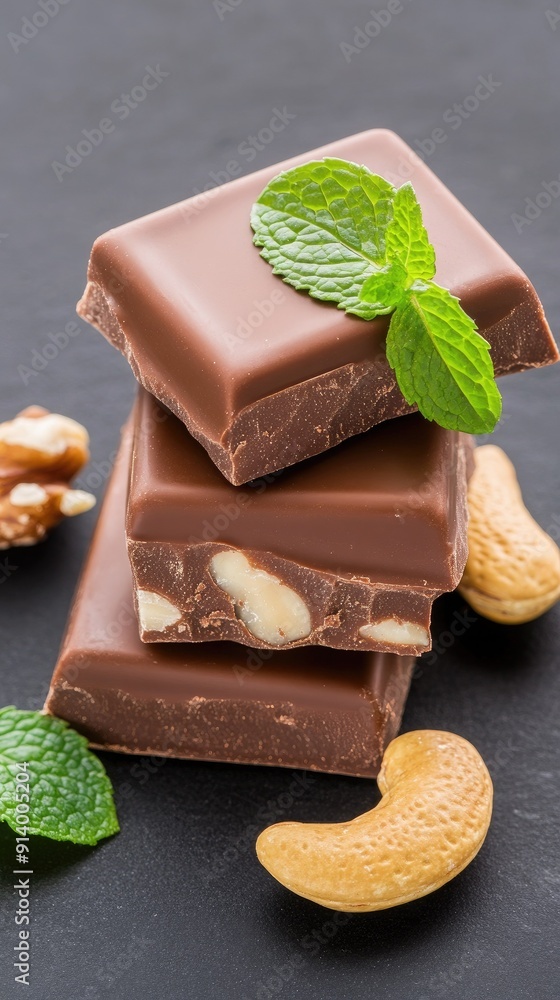 Decadent Chocolate Bars Topped With Fresh Mint and Nuts on Black Surface