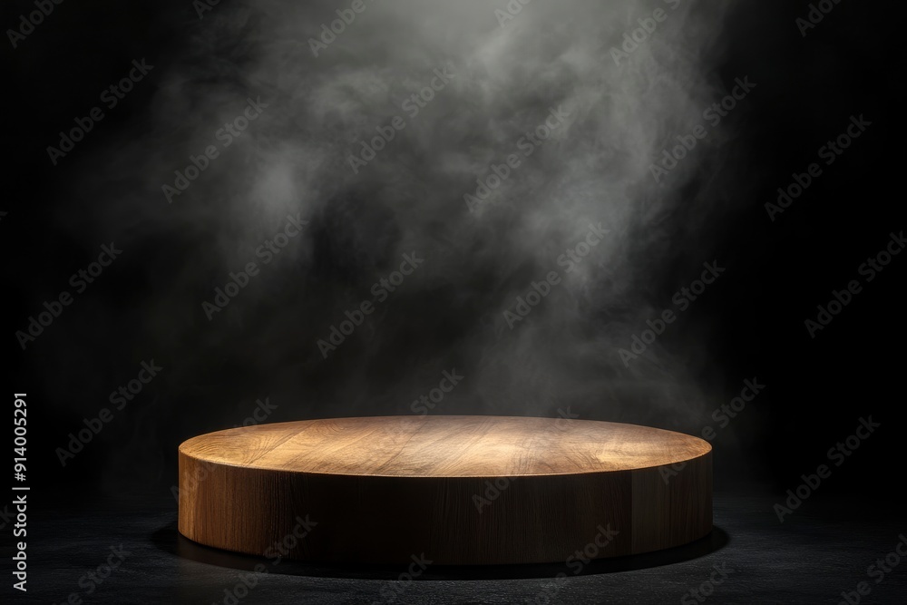 The empty wooden cylinder shape of product display Podium, Stand for showing or design blank backdrop dark abstract wall with smoke float up. with generative ai The empty wooden cylinder shape of product display Podium, Stand for showing or design blank backdrop dark abstract wall with smoke float up. with generative ai
