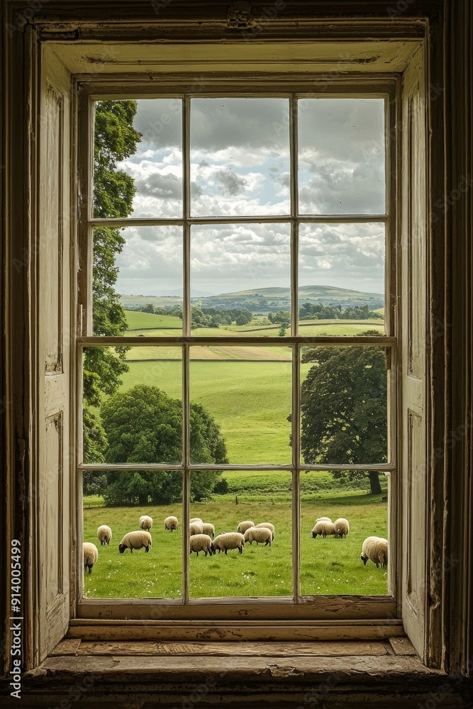 Fototapeta premium A window in a serene countryside manor, with rolling hills and grazing sheep outside.